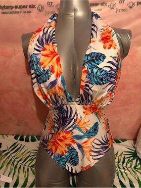 Tropical Floral Plunge One-Piece Swimsuit - White/Orange/Blue